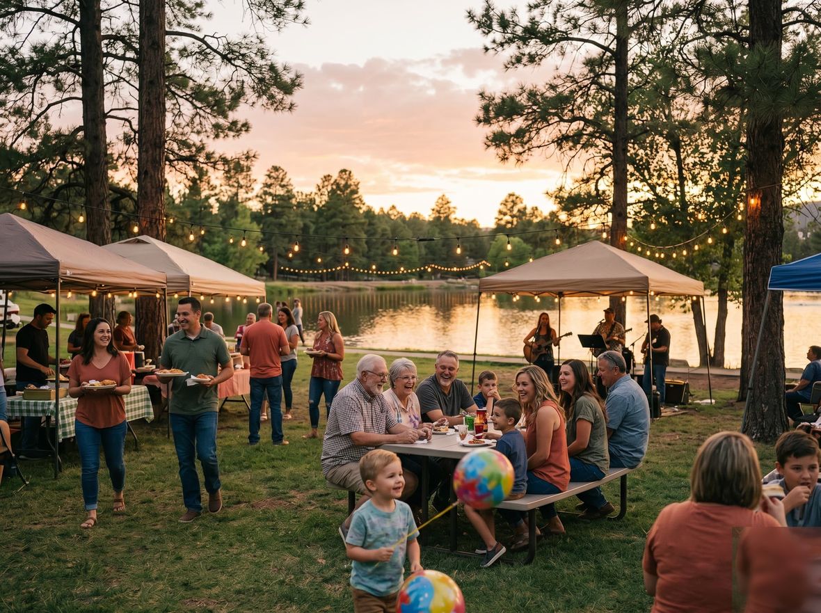 Families gathered at a community event in a Payson park at dusk