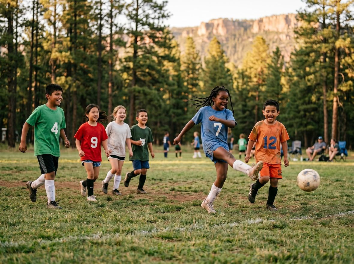 Children playing youth rec-league soccer in a Payson park