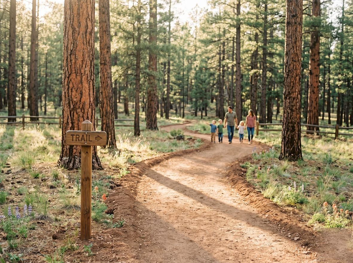 A family walking a newly built trail through ponderosa pines