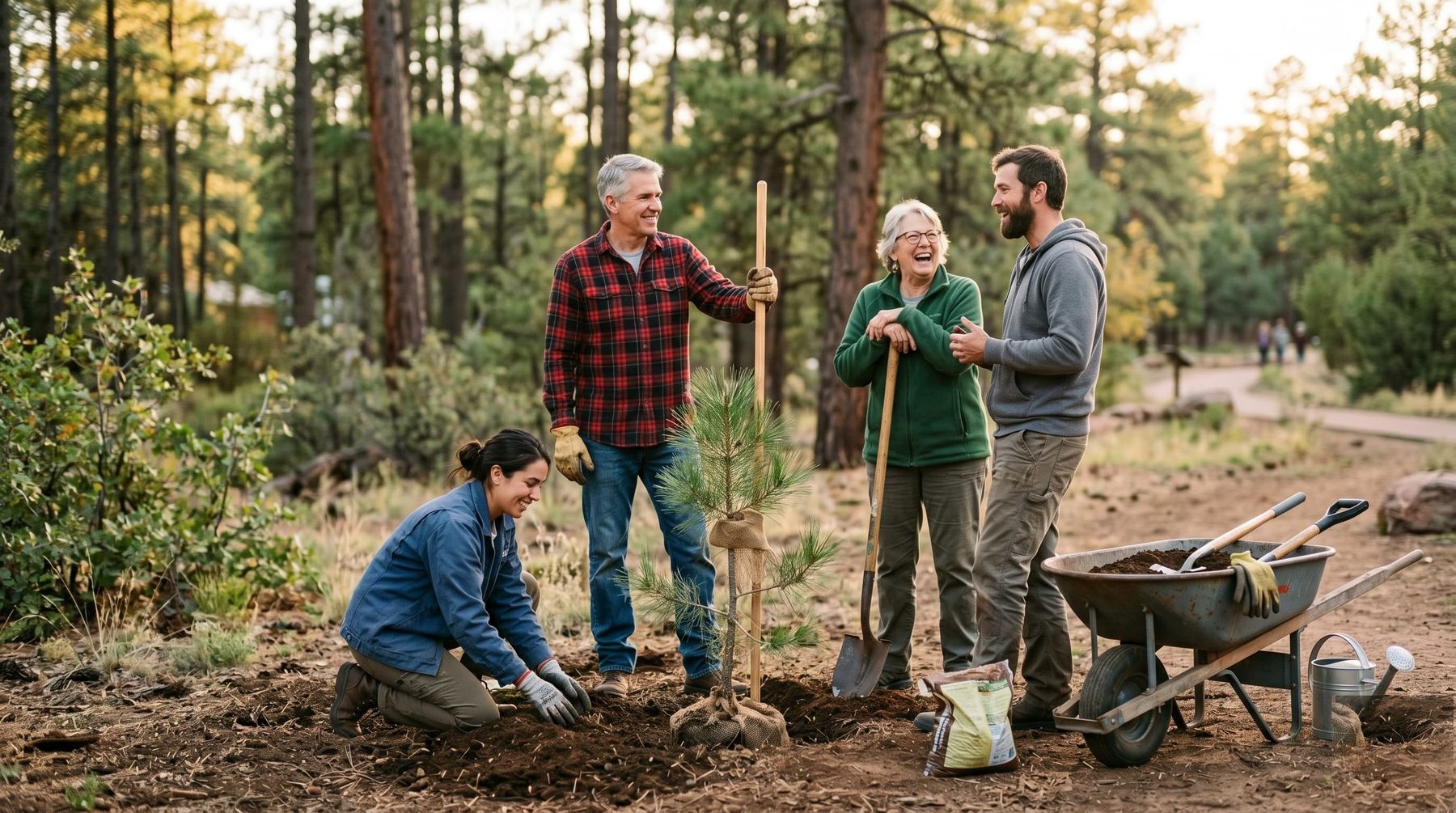 Neighbors of mixed ages planting a young pine tree together in a Payson park